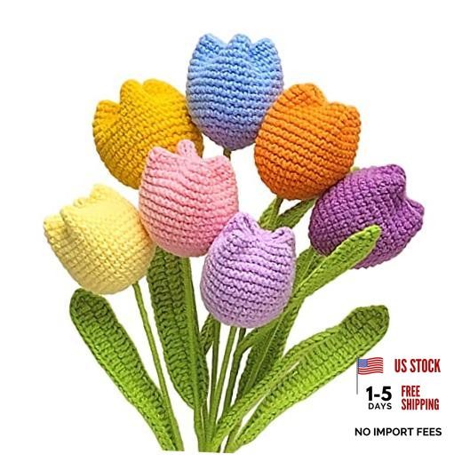 Crochet Flowers, 7PCS Fake Tulips Artificial Flowers Handmade Knitted Tulip
