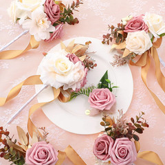 12 Pcs White Rose Bridesmaid Bouquets & Groomsmen Boutonnieres Set