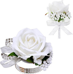 2Pcs White Rose Corsage and Boutonniere Set, Corsage Wristlet Band for Prom Deco