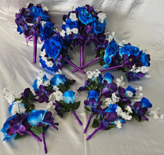 Wedding Bouquet Set, Purple, Blue, White, Roses, Orchids, 17 Piece Wedding Pkg