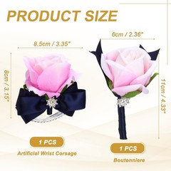 2Pcs Wrist Corsage Boutonnieres Set with Navy Blue Ribbon, Rose Pink