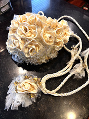 Quinceanera Wedding WHITE CASCADE CREAM SATIN RIBBON BOUT SET NEW