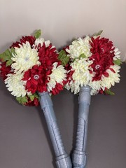 2 Silk Flower Bouquets Red/Ivory/Green w/Rhinestones & Faux Pearls 2 piece set