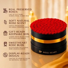 Moss Heart 100 Petite Preserved Roses, Large Round Shaped Box, 100 Red