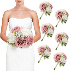 Set of 6 Dusty Pink & White Bridesmaid Bouquets – Silk Flower Arrangements
