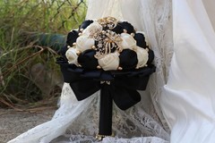 Elegant Golden Rhinestone Wedding Bouquet with Ivory Satin Roses & Crystals
