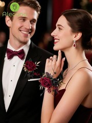 Elegant Burgundy Corsage and Boutonniere Set for Weddings & Proms – Silk Flowers