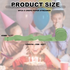 8 Rolls Crepe Paper Streamers 656ft Rainbow Streamers, Bean Green