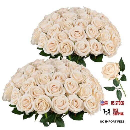 PCS Roses Velvet Realistic Artificial Flowers with Bendable Stems 48 Champagne