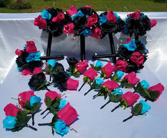 Wedding Bouquet Set – Black, Bright Pink, Turquoise Rose Flowers – 26 pieces