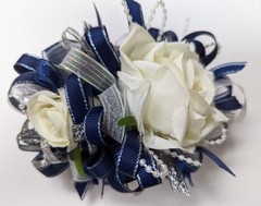 Navy Blue and Ivory SILK Flower Wrist Corsage & Boutonniere Set, Prom wedding