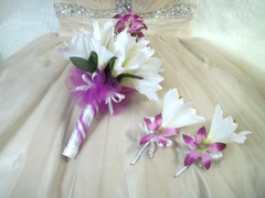 Wedding Bouquet White Lilies Ribbons Purple Orchids Tulle Men’s Corsages