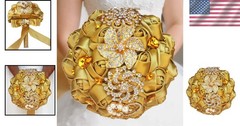Handmade Satin Rose Wedding Bouquet with Gold Crystals – Perfect for Brides