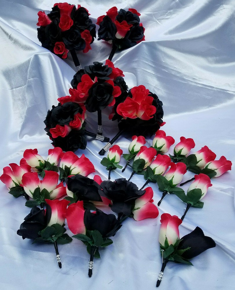 24 Pc Black Rose, Pink / Yellow Rose Bridal Bouquet Set, Wedding Bouquet Package
