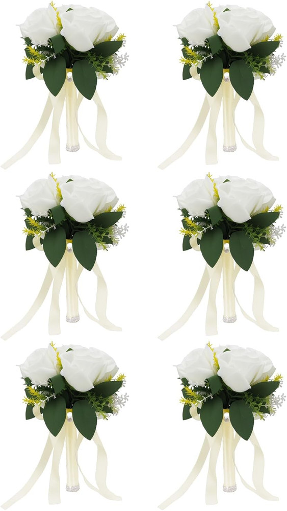 Set of 6 Elegant White Bridesmaid Bouquets for Weddings & Anniversaries