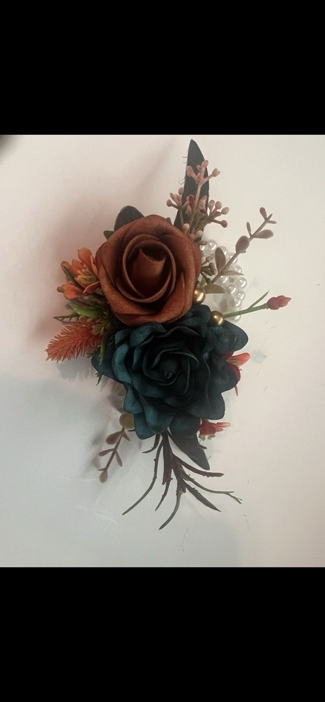 Teal Rust Orange Floral Wrist Corsage Wedding Formal