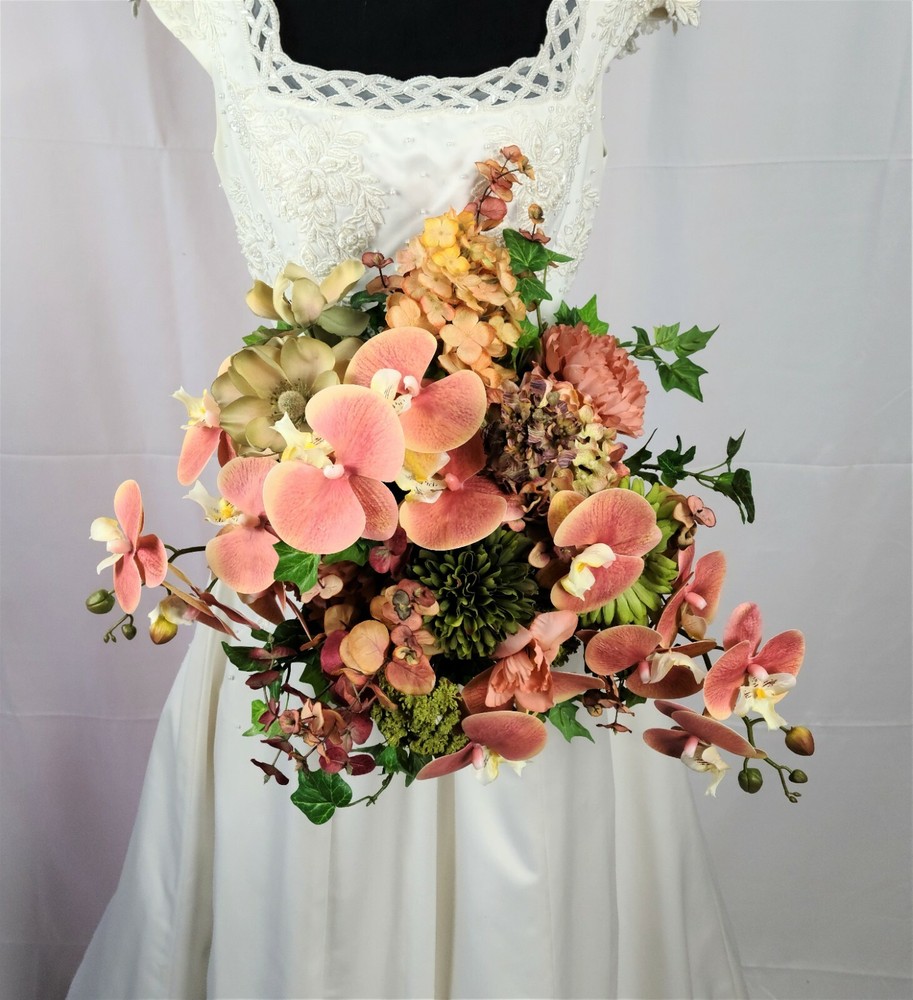Peach Orchid Garden Flower Faux Wedding Bouquet