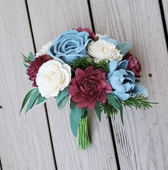 Wine Red Dusty Blue Sola Wood Bridal Bouquet Burgundy Bridesmaid Wedding Flowers