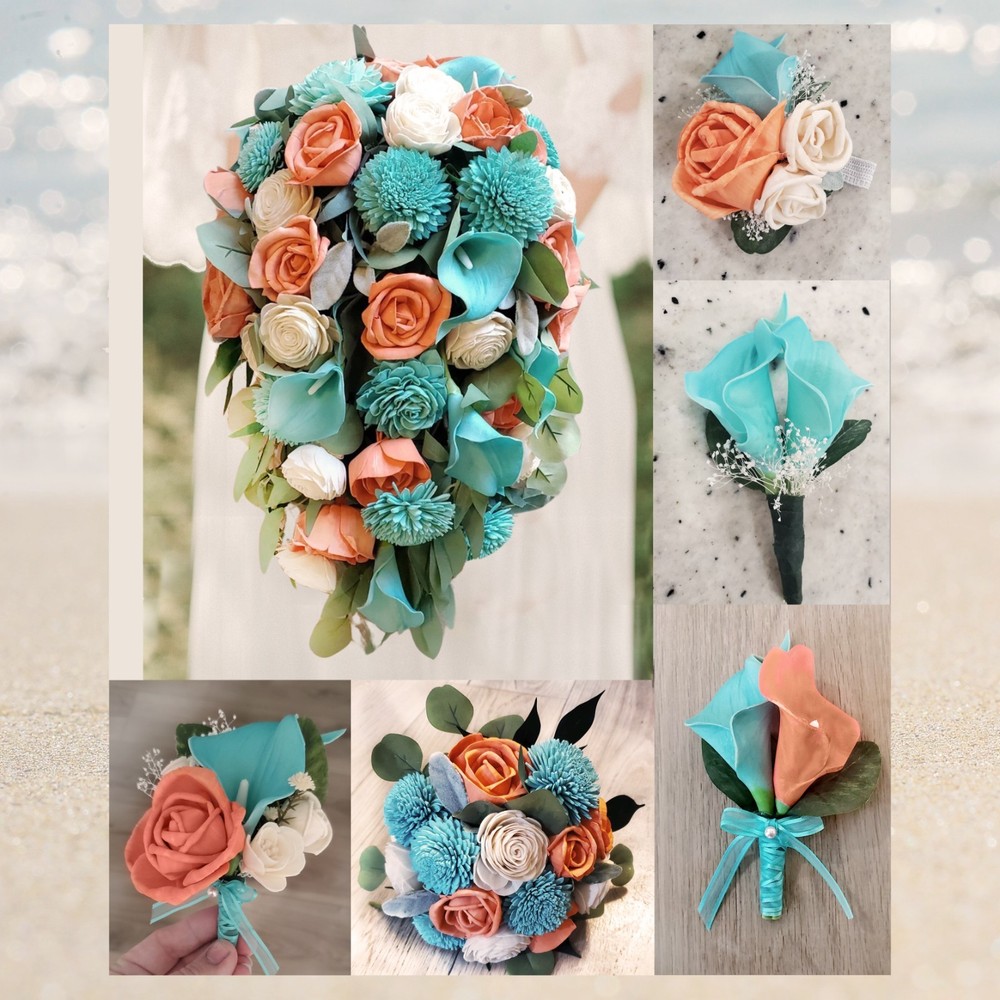 Calla Lily Bridal Bouquet Wedding Cascade Turquoise Coral Sola Wood Bridesmaid