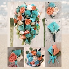 Calla Lily Bridal Bouquet Wedding Cascade Turquoise Coral Sola Wood Bridesmaid