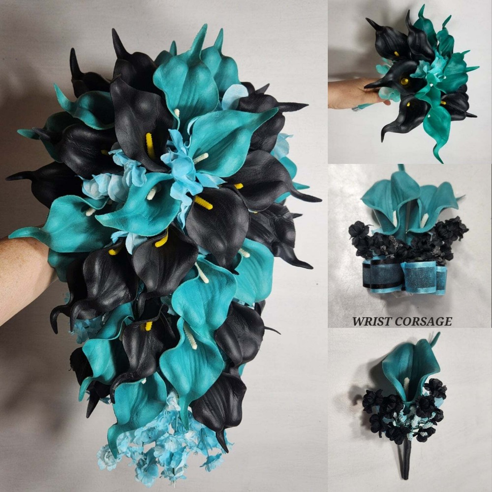 Teal Black Calla Lily Bridal Wedding Bouquet Accessories