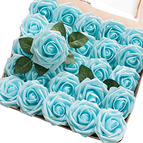 Artificial Flowers 25pcs Real Looking Foam Fake Roses with 25Pcs Aqua Blue