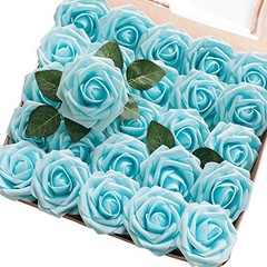 Artificial Flowers 25pcs Real Looking Foam Fake Roses with 25Pcs Aqua Blue