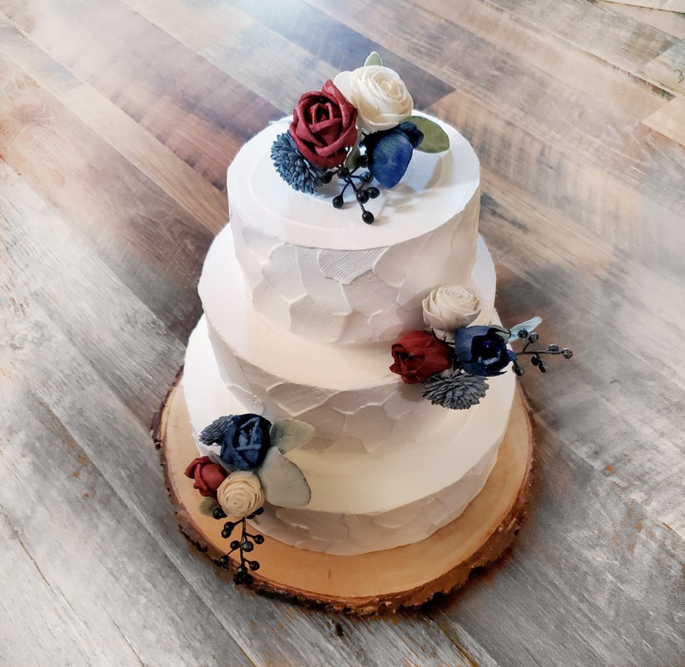 3PC Burgundy Wedding Cake Topper Flower Set Dusty Blue Navy Sola Wood Decor