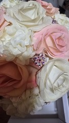 Handmade Faux Rose Bridal Bouquet Ivory Blush Peach Roses Rhinestone Accents