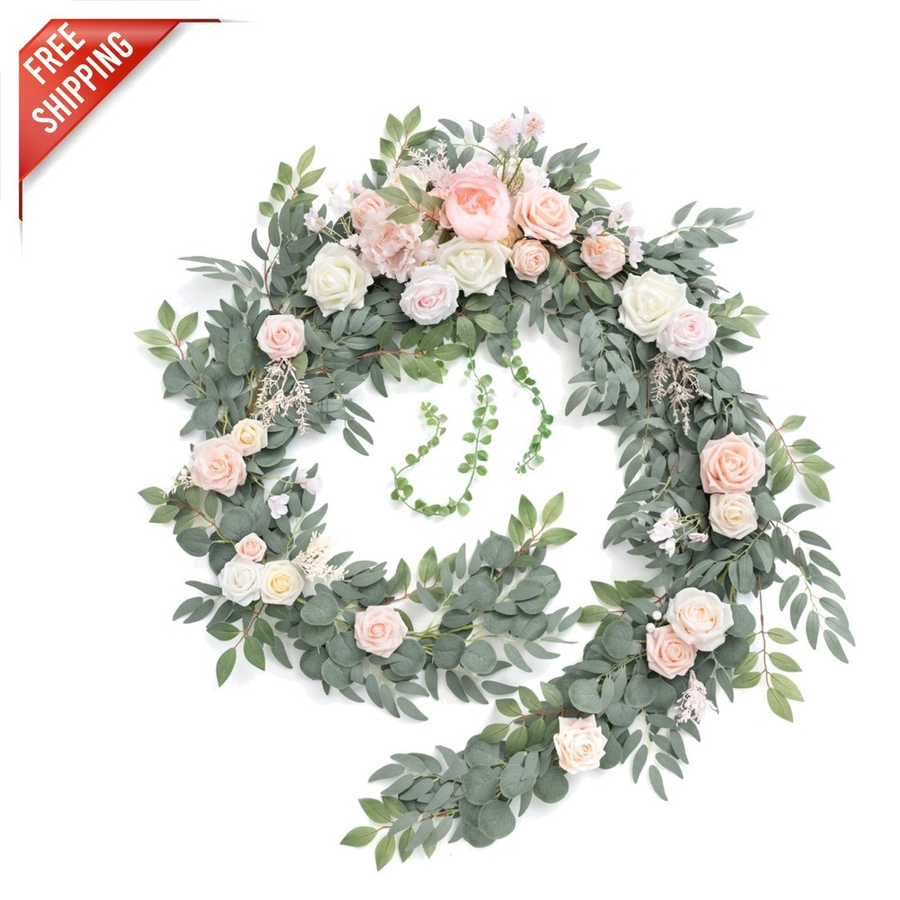 Artificial 9FT Floral Garland for Sweetheart Tables – Blush & Cream Elegance