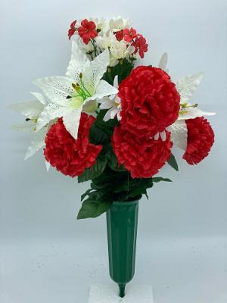 Silk Red Carnation & White Lilly Bouquet Vase