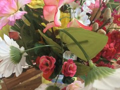 VINTAGE SILK FLOWER mixed flowers COTTAGE ARRANGEMENT CaleCA pitcher with DAMAGE