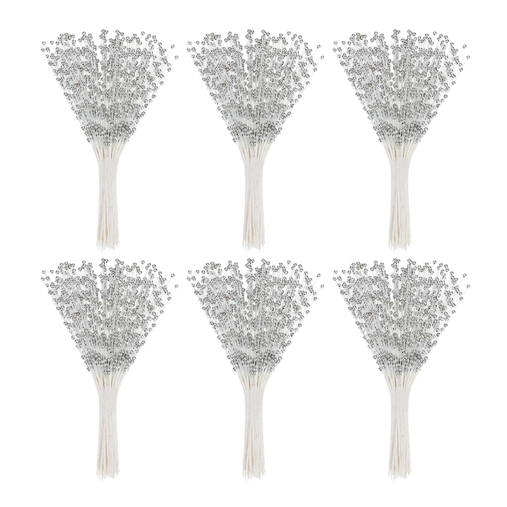 60 Pcs 4mm Pearl String Bouquet Pearl Stick Stems Bouquets Garland Spray, Silver