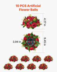 Flower Balls Arrangement Bouquet 10 PCS, 9.5-Inch Wedding Red Roses Centerpieces