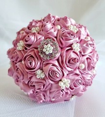 Bridal Bouquets Pink Satin Ribbon Roses, Crystal Brooches, Cream Pearl
