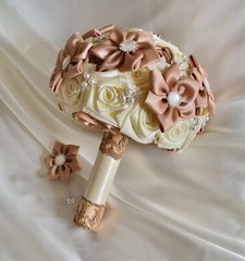 Bridal Bouquets Cream, Tan Satin Ribbon Roses, Crystal Brooches, Buttonhole…