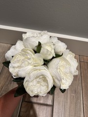 Artificial White Peony Wedding Flower Bouquet with Green Leaves, Wrapped Handle