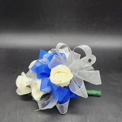 5 White Rose Boutonnaire Corsage White & Blue Ribbons 5″ Handmade Prom Holiday
