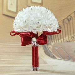 Bride Bouquet Artificial Flowers Wedding Bridal Holding White Ribbon Rhinestones