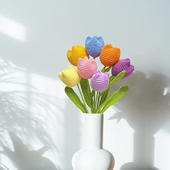 Crochet Flowers, 7PCS Fake Tulips Artificial Flowers Handmade Knitted Tulip
