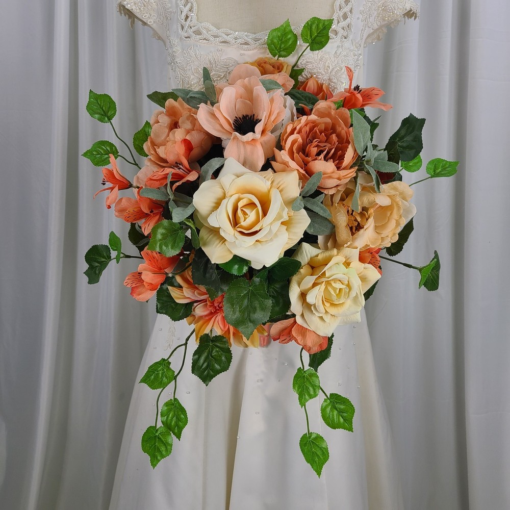 Peaches and Golden Yellows Garden Faux Silk Wedding Bouquet