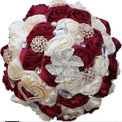 Dark Red Ivory Bridal Bouquet Big Rhinestones Silk Hold Bouquet Luxury Brooch