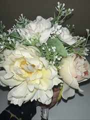 Bridal Bouquet White Roses Peonies Baby Breath + wrist Corsage Baby White Roses