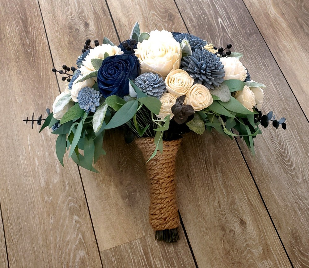 16PC Dusty Blue Navy Wedding Flowers Sola Wood Bridal Bouquet Bridesmaid Groom