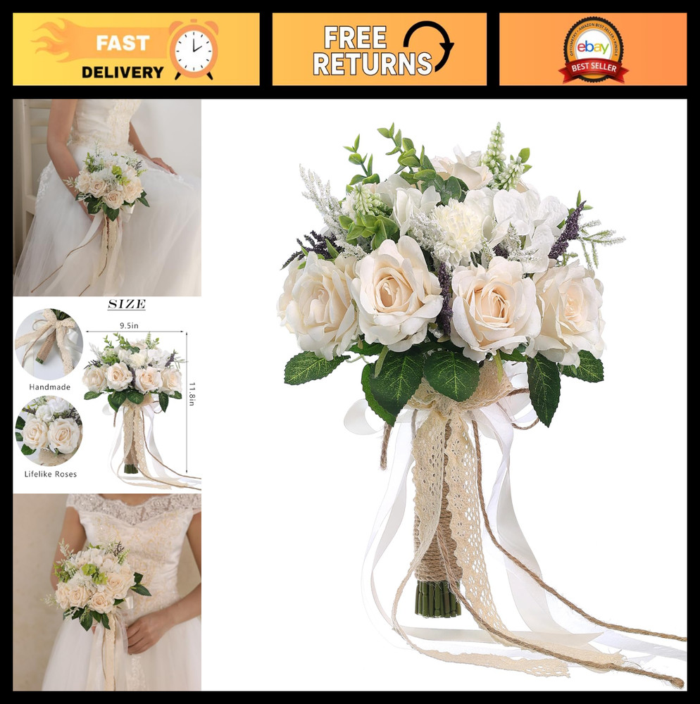 Large Wedding Bouquets for Bride & Bridesmaid – White Champagne Artificial Roses