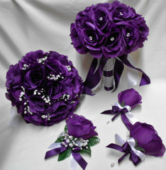 Wedding Silk Flower Bridal Bouquet 2 pieces Bride Groom Purple Eggplant Brooch