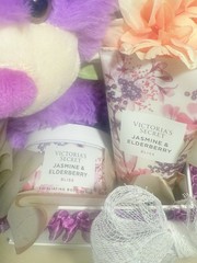 Victoria Secret Jasmine & Elderberry Floral Gift Basket/Purple Bear