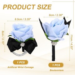 2Pcs Wrist Corsage Boutonnieres Set with Black Ribbon, Light Blue