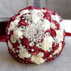 Handmade Luxury Rose Silk Pearls Rhinestone Brooch Wedding Bridal Bouquet Ivory