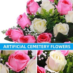 Hibsotco Set of 2 Artificial Cemetery Flowers with 2 Bouquets, White & Pink